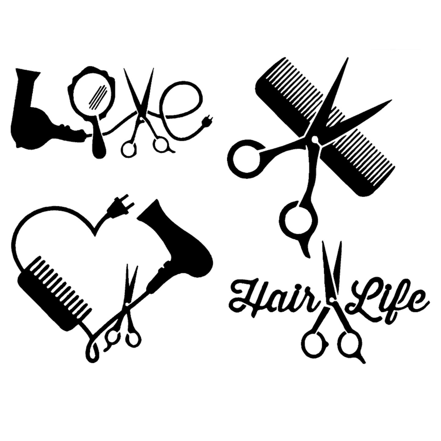 Hair Stylist Decals: Love, Heart, Comb and Scissors, Hair Life