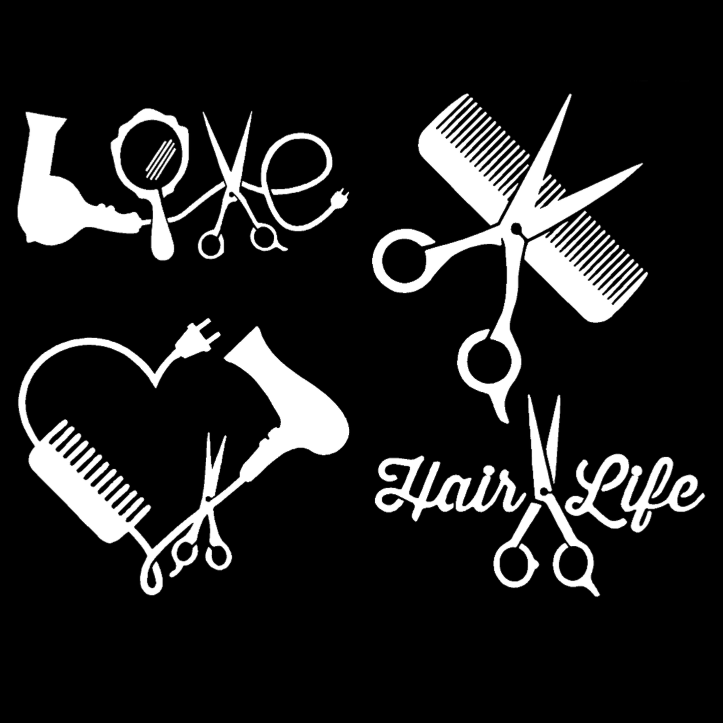 Hair Stylist Decals: Love, Heart, Comb and Scissors, Hair Life