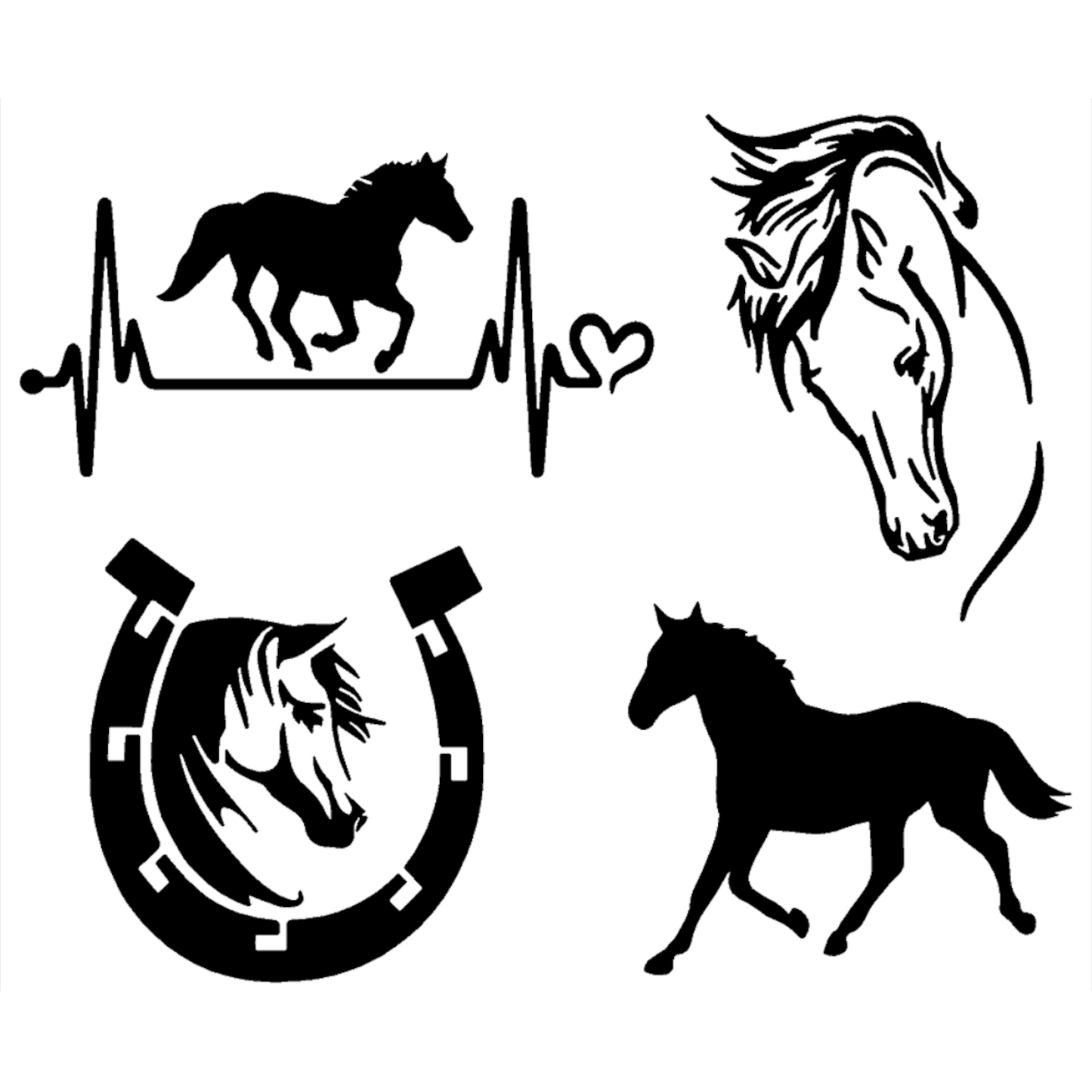 Horse Decal 4 Pack: Horse Heartbeat, Horseshoe, Horse Head, Horse Silhouette