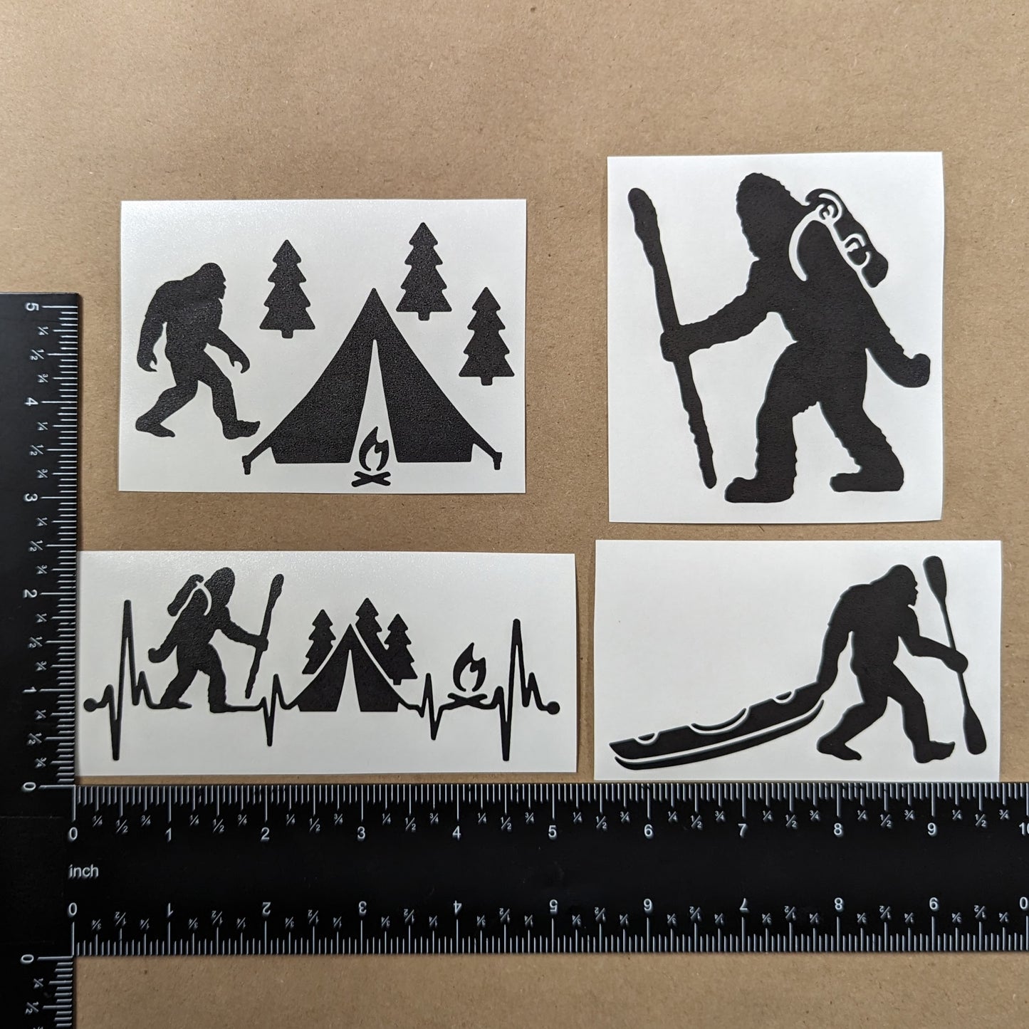 Bigfoot Camping Hiking Kayaking Decal 4 Pack