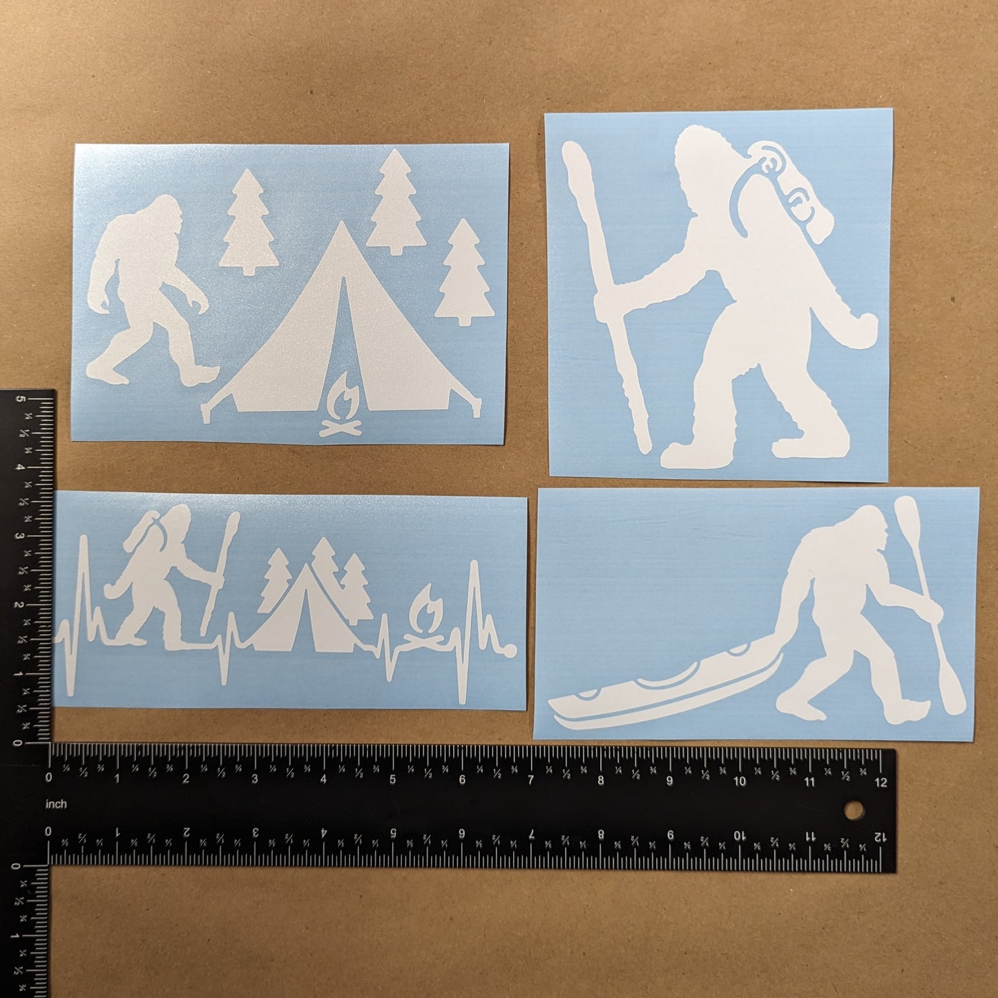 Bigfoot Camping Hiking Kayaking Decal 4 Pack