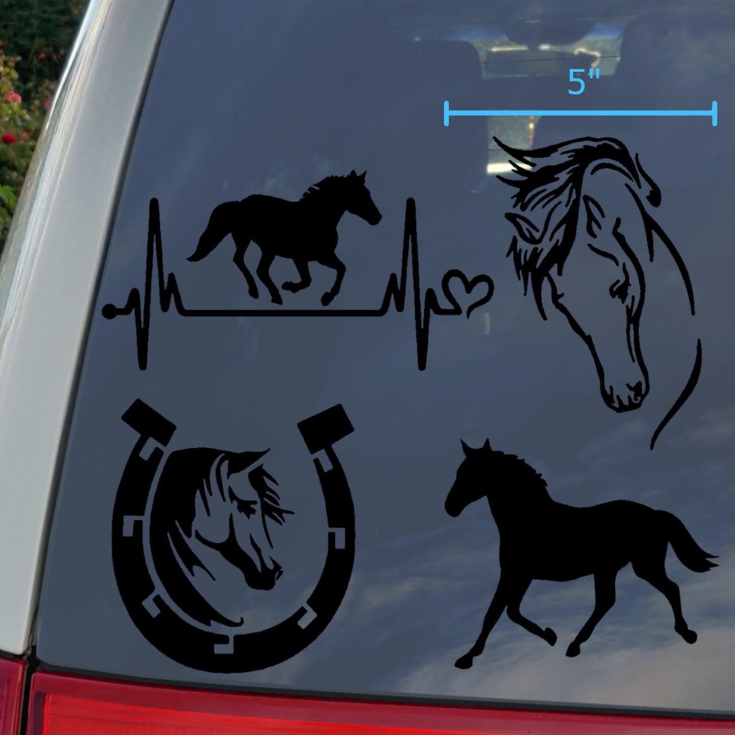 Horse Decal 4 Pack: Horse Heartbeat, Horseshoe, Horse Head, Horse Silhouette