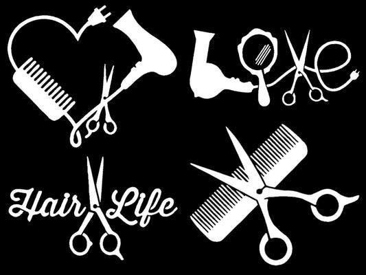 Hair Stylist Decals: Love, Heart, Comb and Scissors, Hair Life