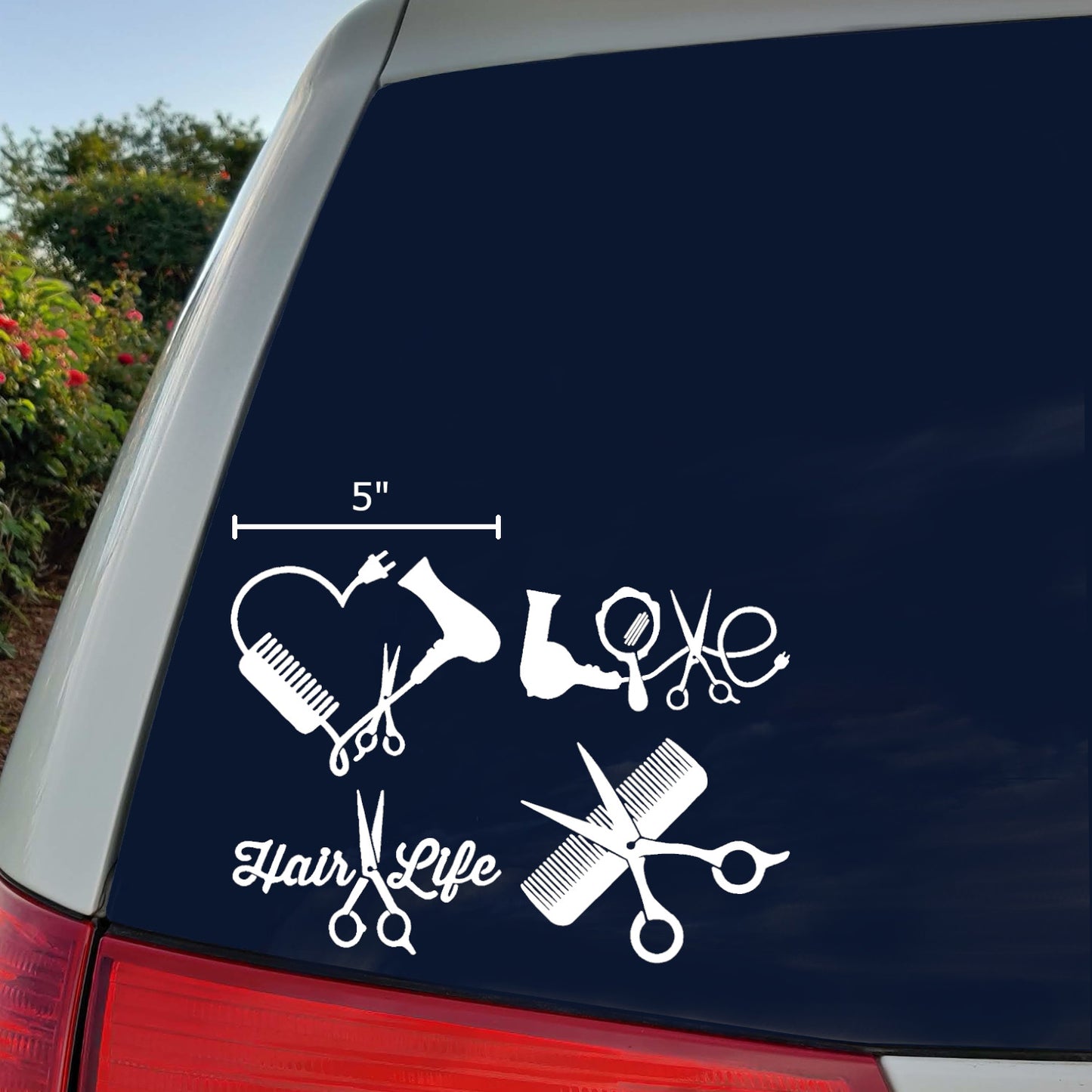 Hair Stylist Decals: Love, Heart, Comb and Scissors, Hair Life