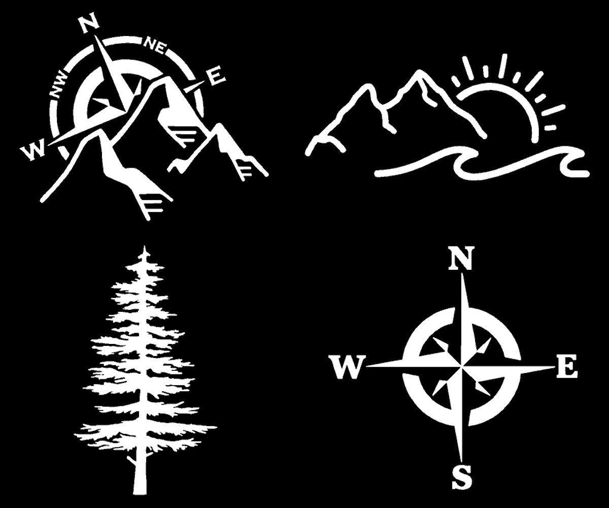 Compass Pine Tree Mountain PNW Decal 4-Pack