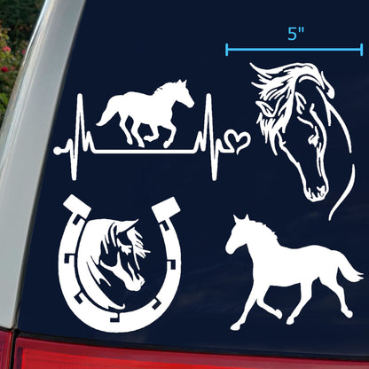 Horse Decal 4 Pack: Horse Heartbeat, Horseshoe, Horse Head, Horse Silhouette